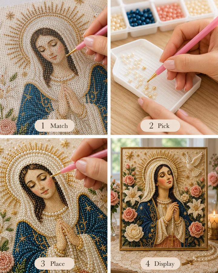 🙏 Divine Pearl Bead Virgin Mary Icon – A Peaceful DIY Faith Art Gift ✨