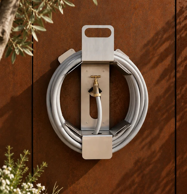 Heavy-Duty Stainless Steel Garden Hose Holder – Wall-Mounted Organizer with 4 Accessory Hooks