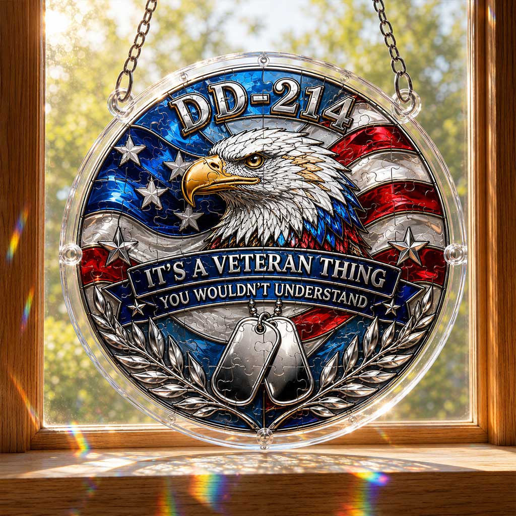 DD-214 Veteran Acrylic Puzzle Hanging Ornament – Patriotic Eagle Window Suncatcher Gift for Veterans