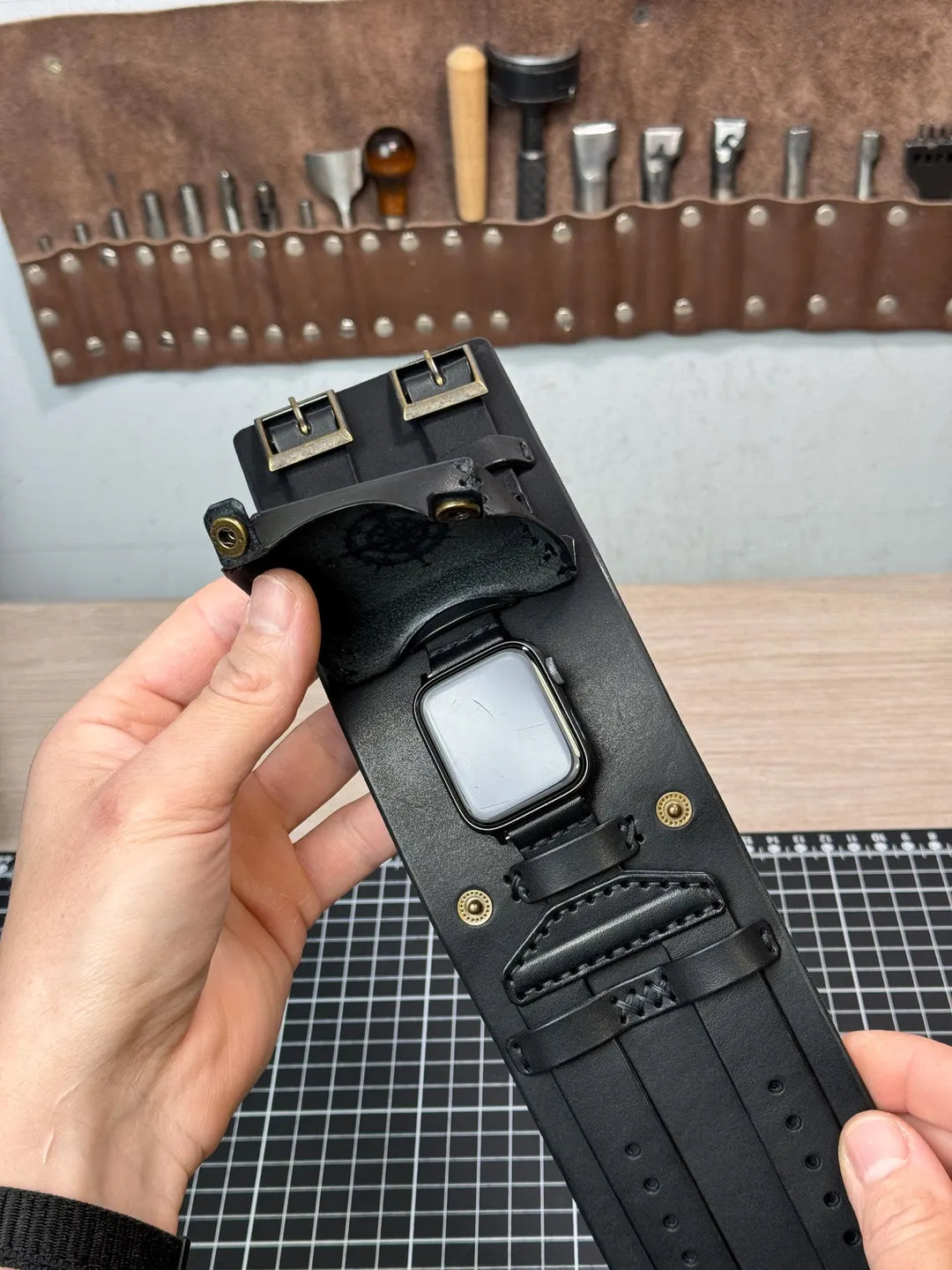 Vintage Cuff Watch Band with Protective Flap – Handmade Strap for Apple Watch