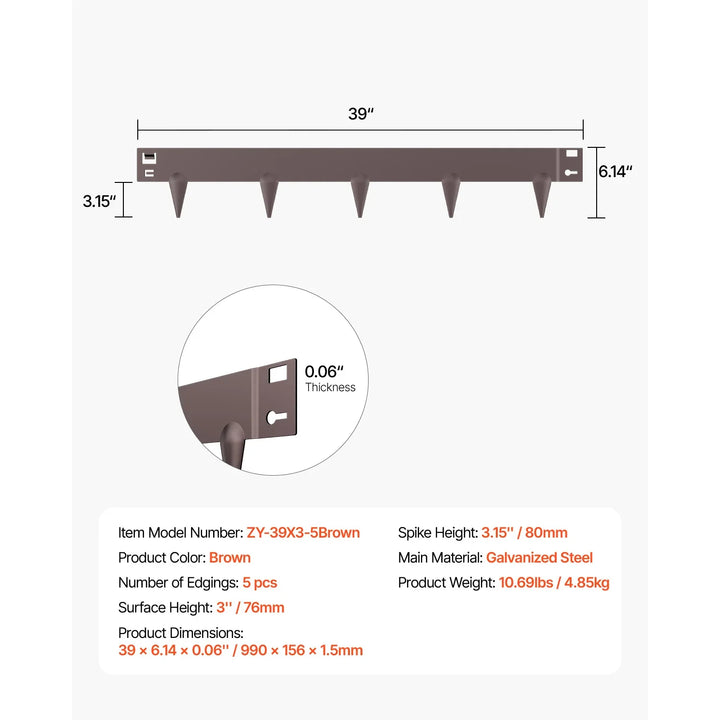 SucceBuy Flexible Steel Landscape Edging (5-Pack, 39x3")