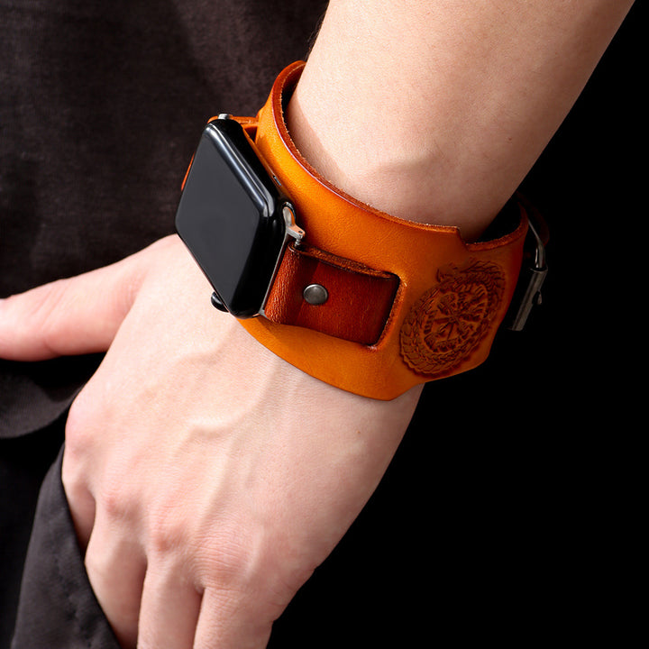 Vintage Cuff Watch Band with Protective Flap – Handmade Strap for Apple Watch